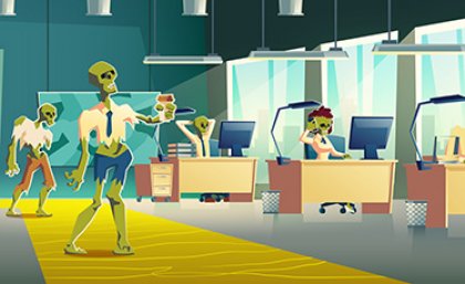 Illustration of exhausted zombie characters working in office. Image, Adobe